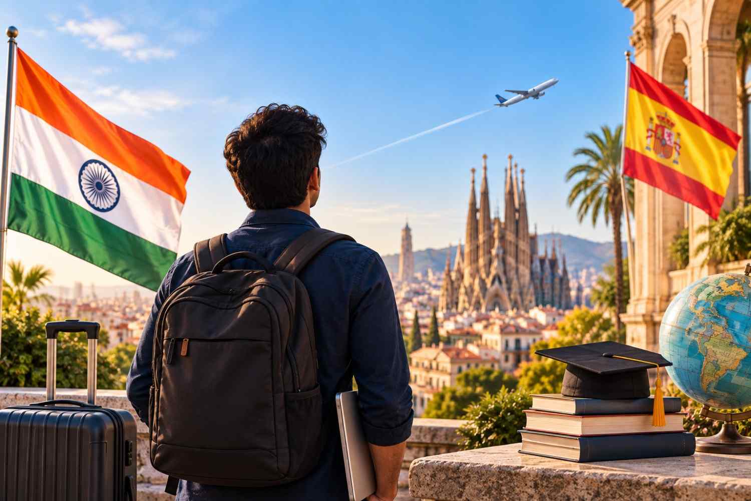 Indian student planning to study at MBA schools in Spain, with India and Spain flags, graduation cap, books, luggage and Barcelona landmarks.